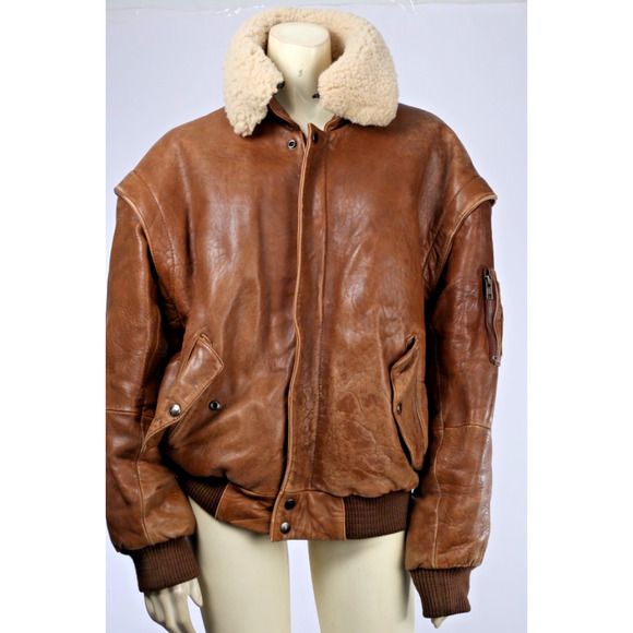 Vintage Midway Brown Leather Zipper Bomber Jacket Size 40 Sheep Shearling Collar - Picture 6 of 16